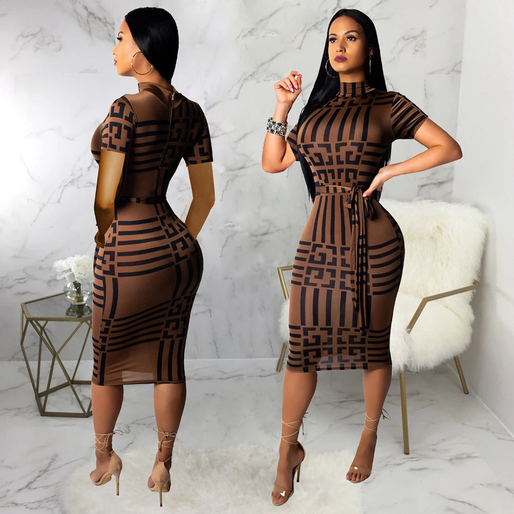 Women Sexy Turtleneck Short Sleeve Print Bodycon Midi Dress Female Elegant High Elastic Night Club Pencil Dresses With Sashes Women Sexy Turtleneck Short Sleeve Print Bodycon Midi Dress Female Elegant High Elastic Night Club Pencil Dresses With Sashes